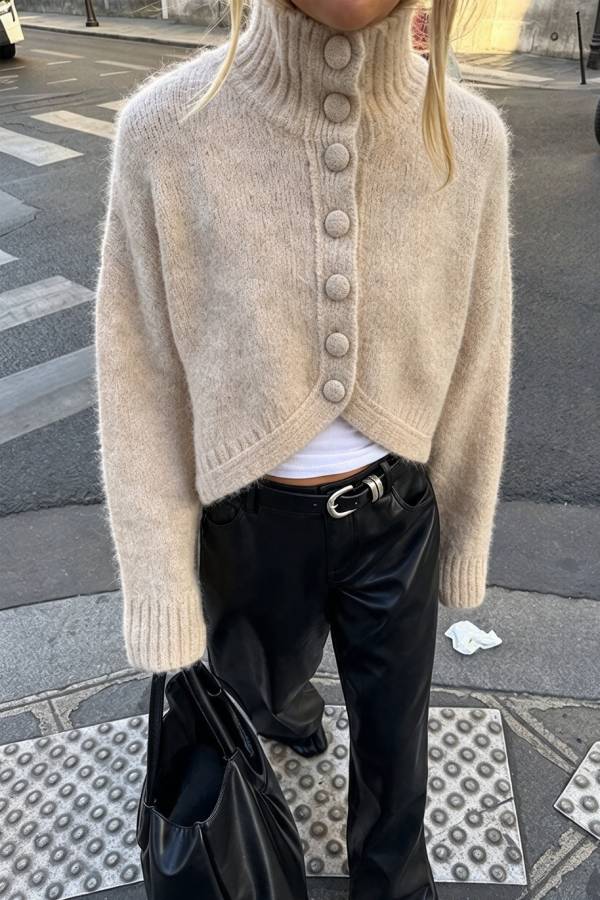 Martina Solid Color Knit High Neck Button Long Sleeve Wave Hem Crop Cardigan