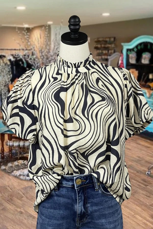 Abstract Print Puff Sleeve Top