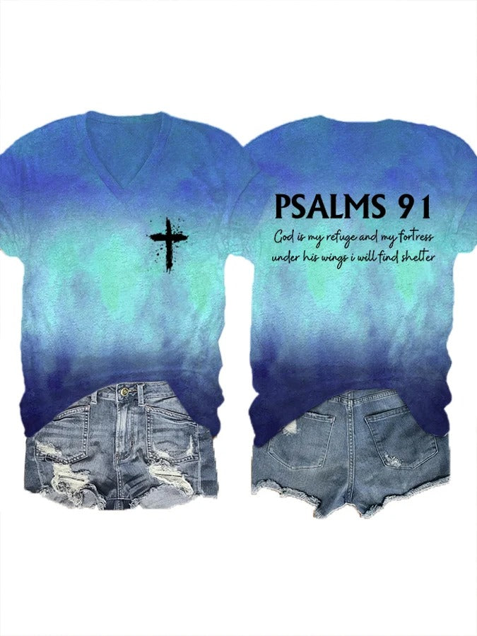 Women's Psalms 91 Bible Verse Printed V-Neck T-Shirt