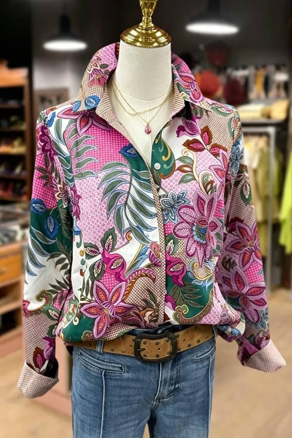 Multi Floral Print Collared Long Sleeve Blouse
