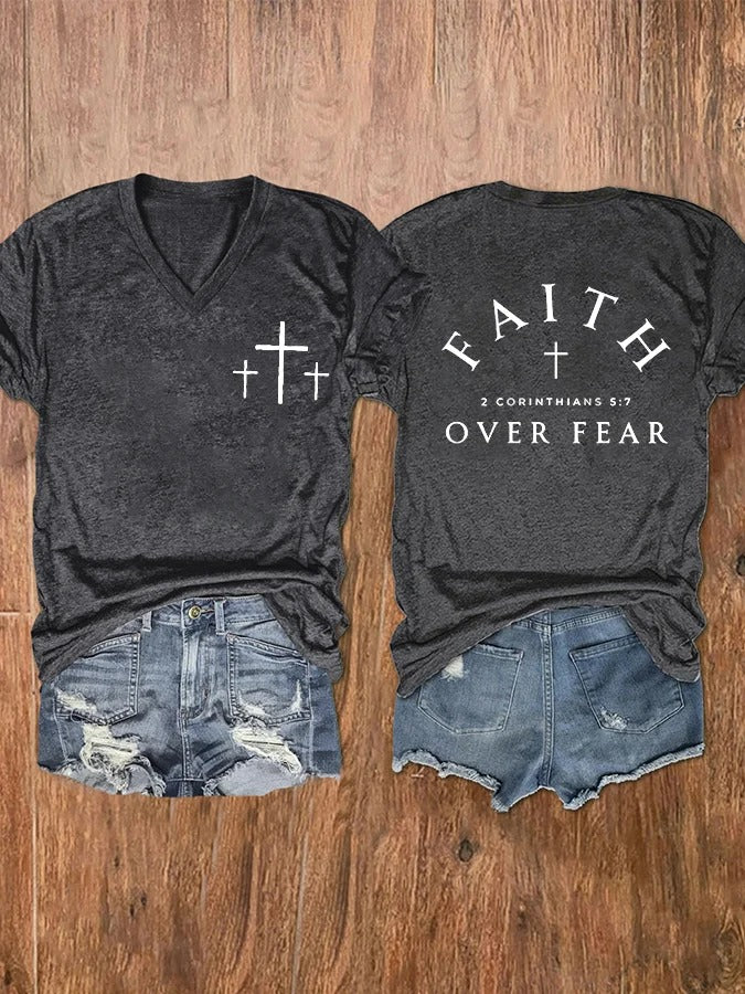 Women's Faith Over Fear Cross Print V-Neck T-Shirt