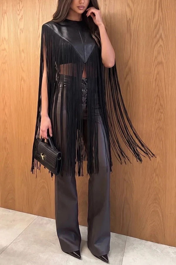 Cool and Stylish Faux-Leather Tassel Trim Cape Midi Top