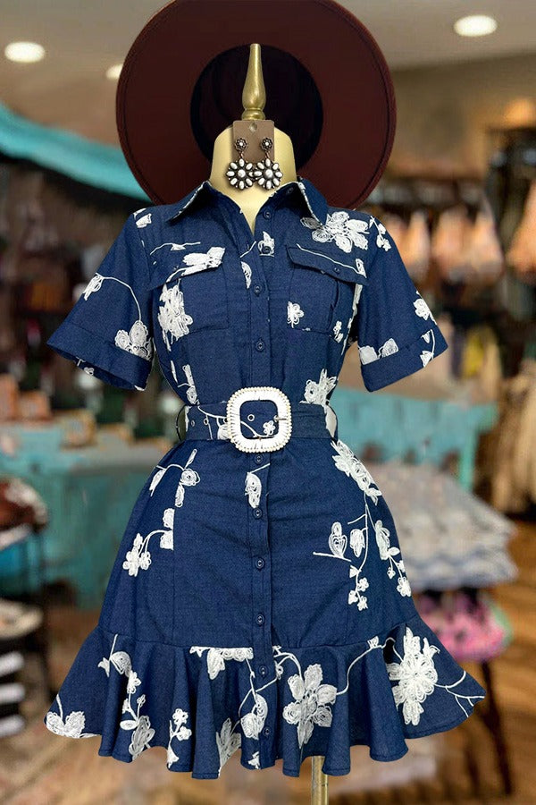 Western Floral Blue Dress