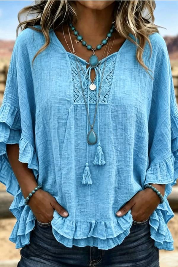 Boho Crochet Tie Tassel Ruffle Sleeve Loose Cotton-Linen Blouse