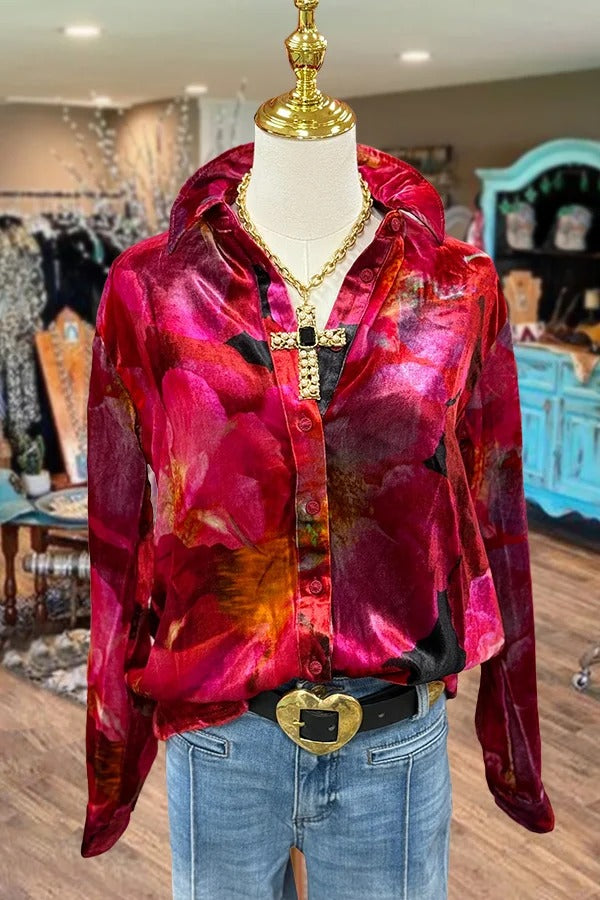 Colorful Print Button Down Velvet Shirt