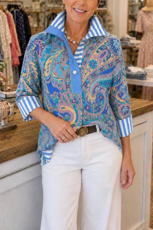 Striped Print Three-Quarter Sleeve Shirt