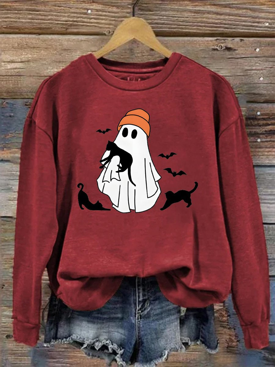 Sweat-shirt décontracté imprimé chat noir et fantôme d'Halloween