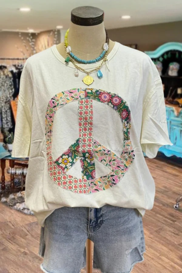 Floral Peace Sign Patch Oversized Top