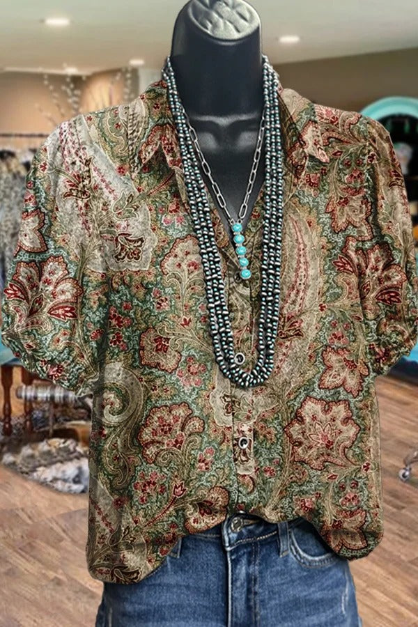 Retro Paisley Print Collared Puff Sleeve Top