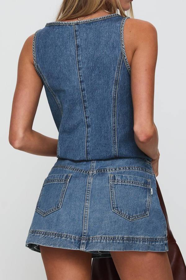 Denim Tie‑Front Vest & Mini Skirt Two‑Piece Set
