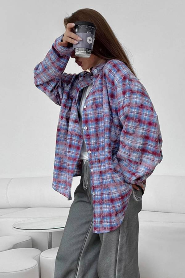 Vintage Washed Plaid Oversized Long‑Sleeve Shirt