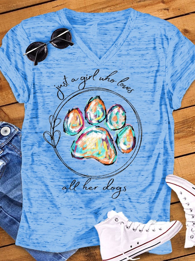 Women's Paws Just A Girl Who Loves All Her Dogs Print Snowflake Dot V-Neck T-Shirt