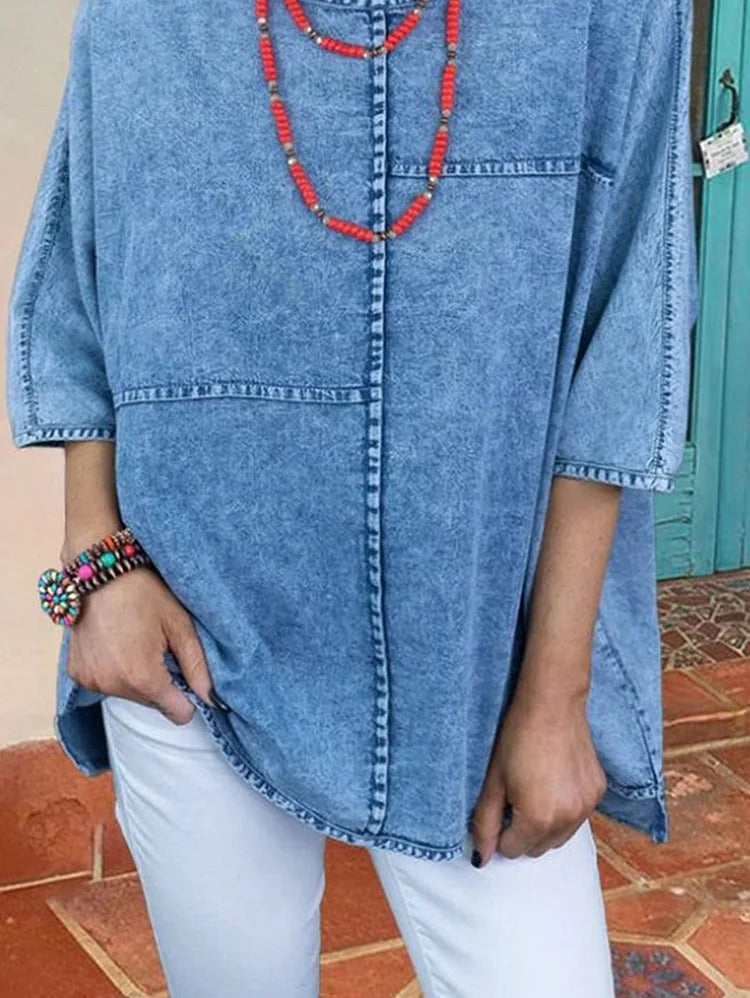 Casual Plain Half Sleeve Spliced Denim Loose Shirt