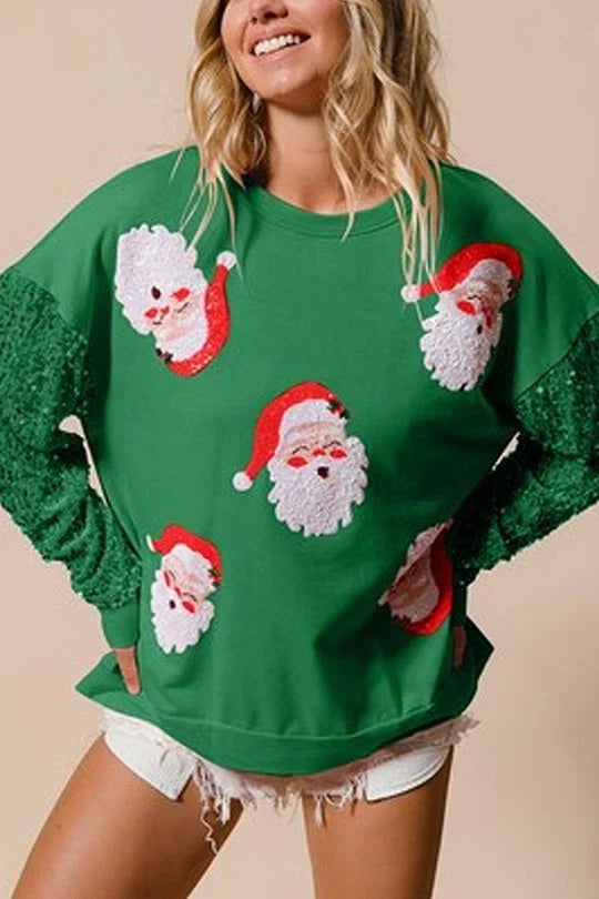 Green Santa Sequin Sleeve Sweatshirt
