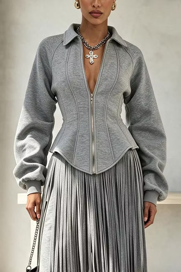 Aura Sculptural Corset-Style Zip-Up Sweatshirt