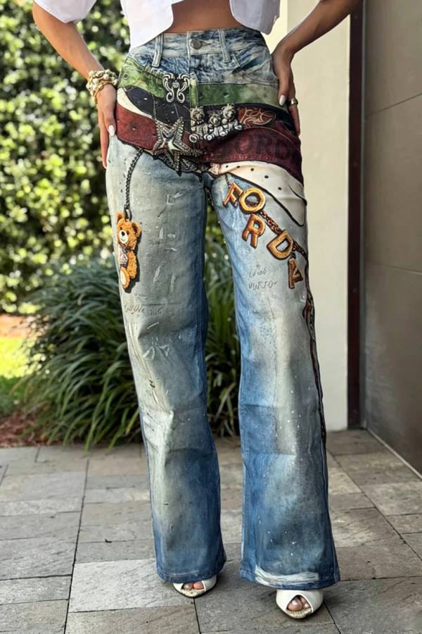 Street Graffiti Denim Unique and Fun Prints High Rise Pocket Straight Leg Jeans