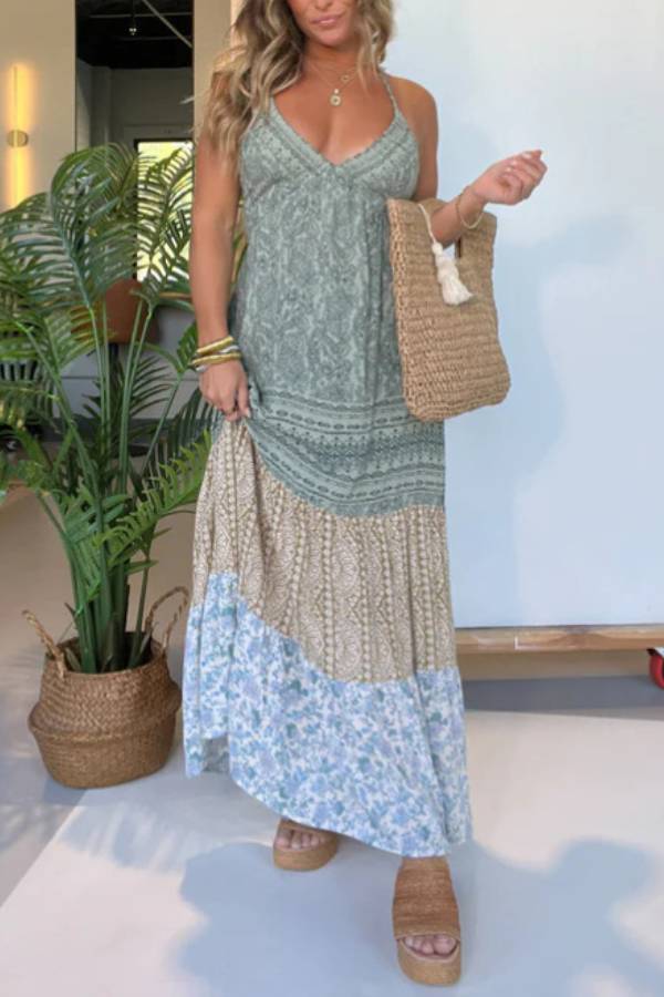 Boho Patchwork Print Halter Maxi Dress