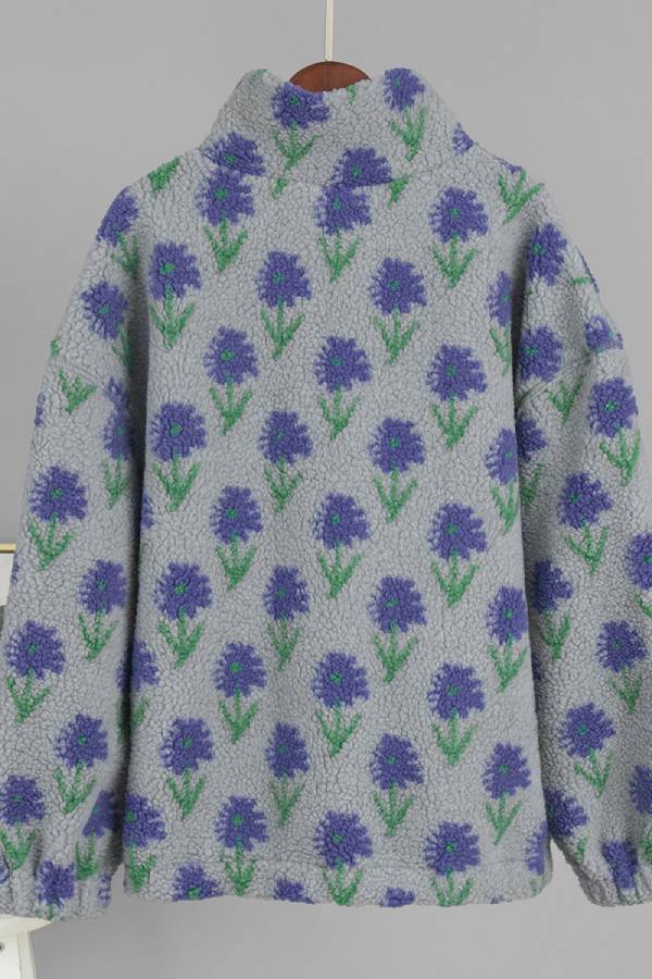 Women's Half Zip Stand Collar Floral Print Sherpa Fleece Jacket