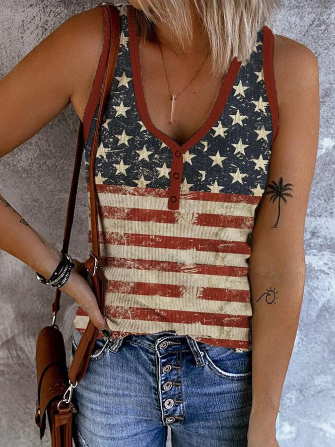 Women's Independence Day Vintage America Flag Print Button V Neck Vest