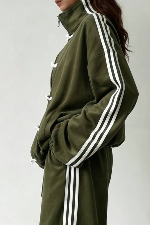 Chinese Frog Button Striped Tracksuit Two‑Piece Set