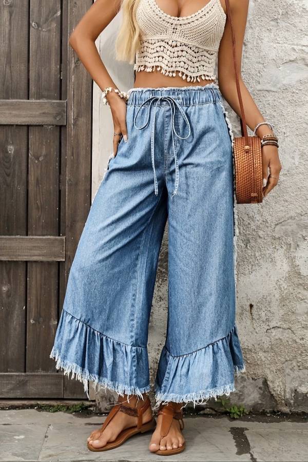 Boho Fringe Ruffled Denim Wide‑Leg Cropped Pants
