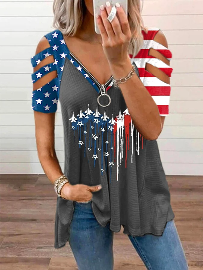 Women's Flag Printed V-Neck Zipper Casual T-Shirt