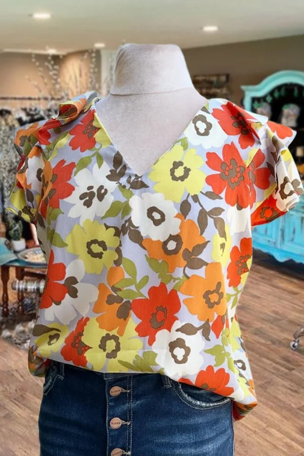 Colorful Floral Print V-Neck Flutter Sleeve Top