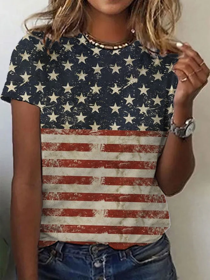 Women's Independence Day Vintage America Flag Print Casual Tee