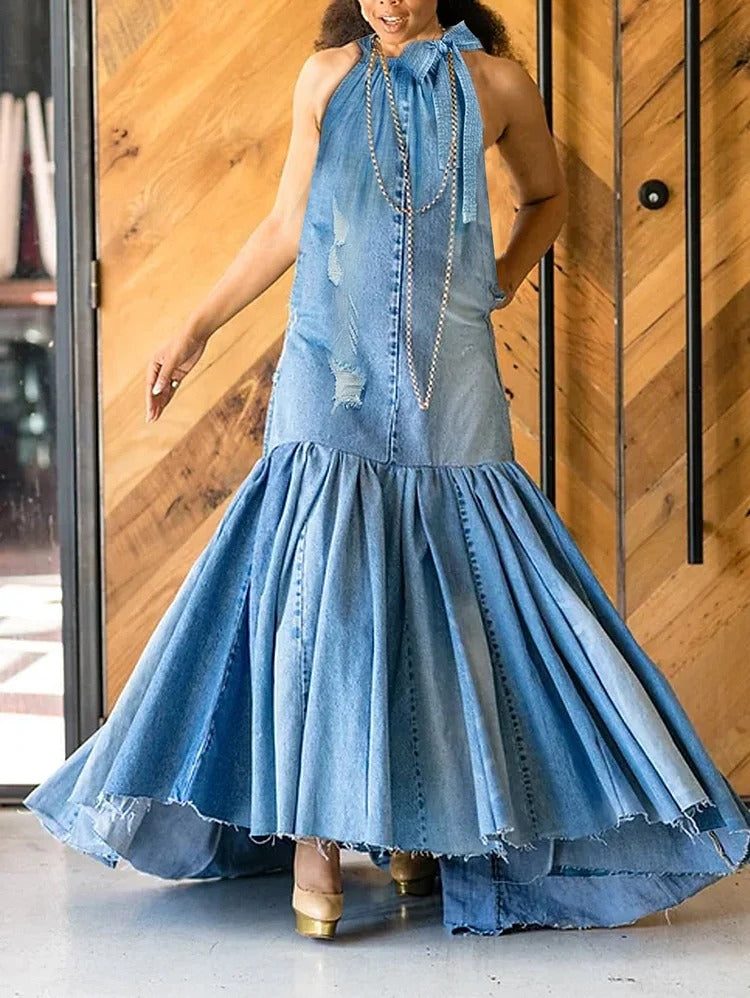 UR Fashion Ripped Denim Spliced Pleated Bow Maxi Halter Dress