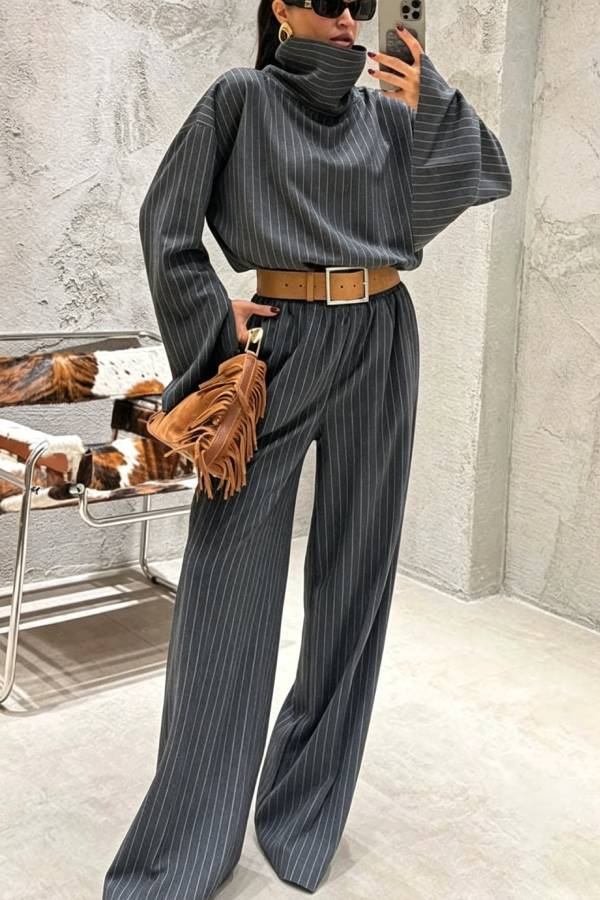 High Level Striped High Neck Long Slit Sleeve Top and Elastic Waist Pocket Loose Pants Set