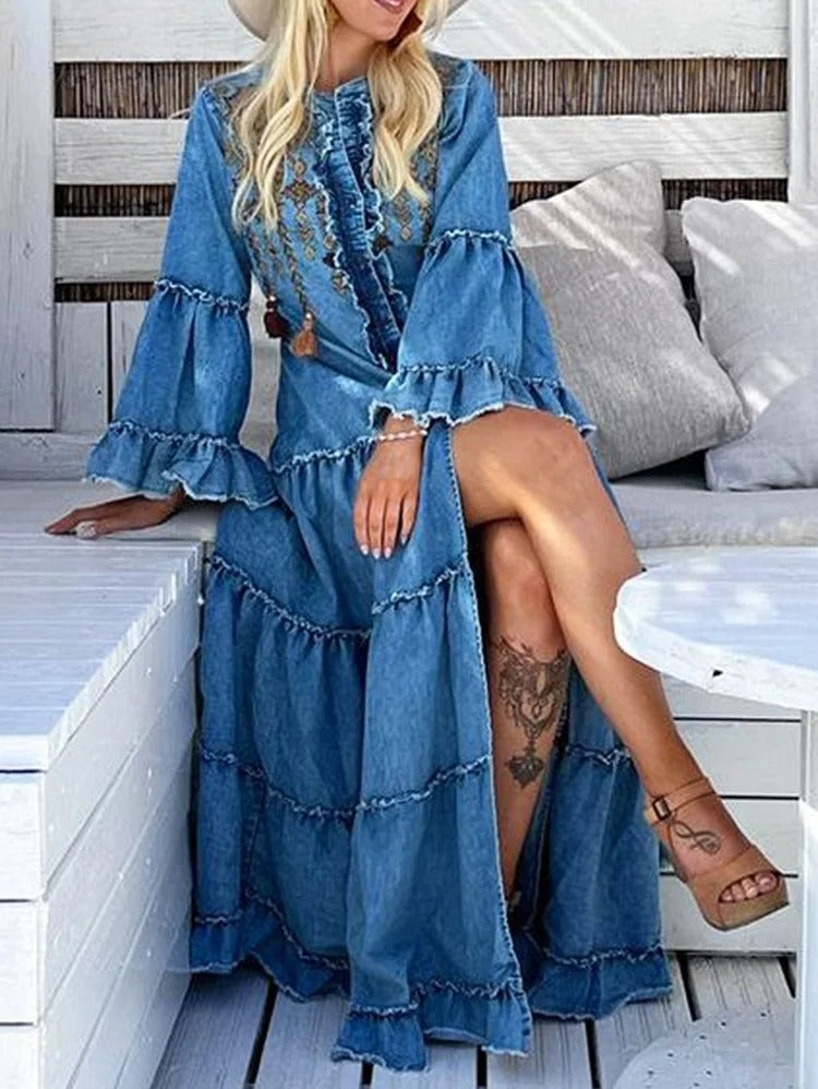 Casual Denim Ruffle Split Tiered Maxi Dress