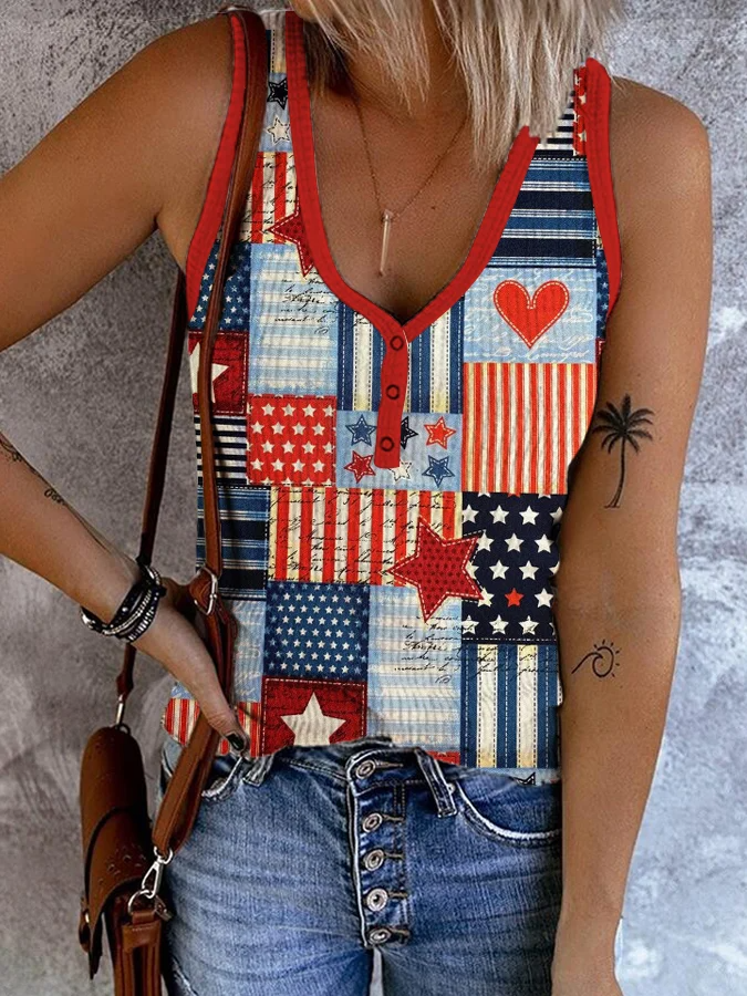 Women's Independence Day Vintage America Flag Print Button V Neck Vest