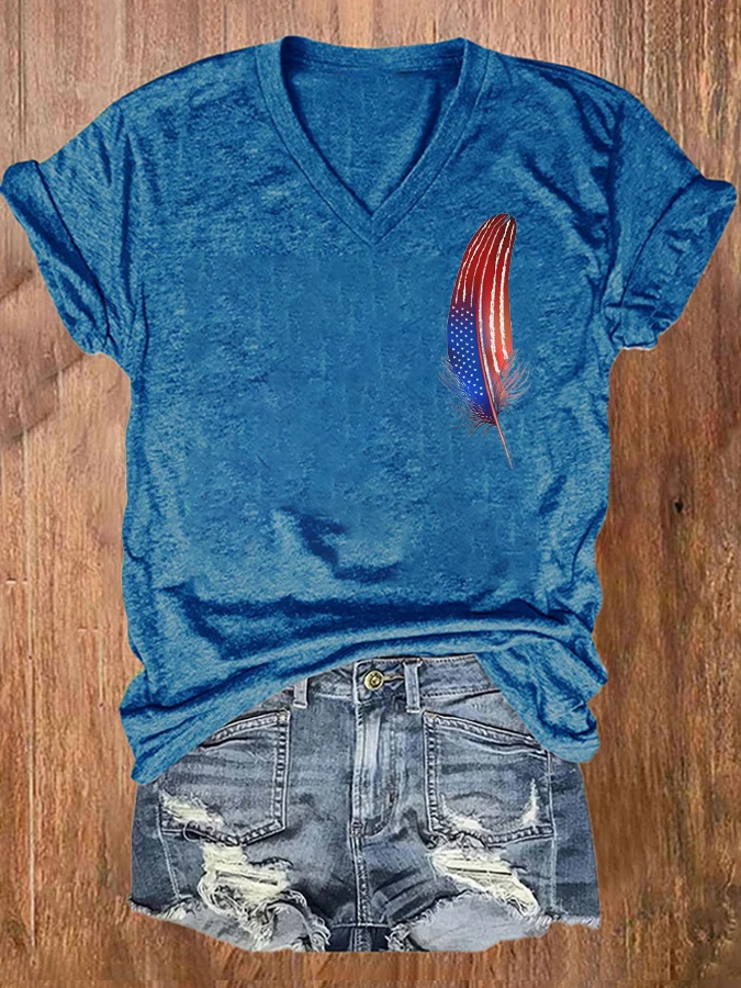 Women's Feather Flag Independence Day Print V-Neck T-Shirt