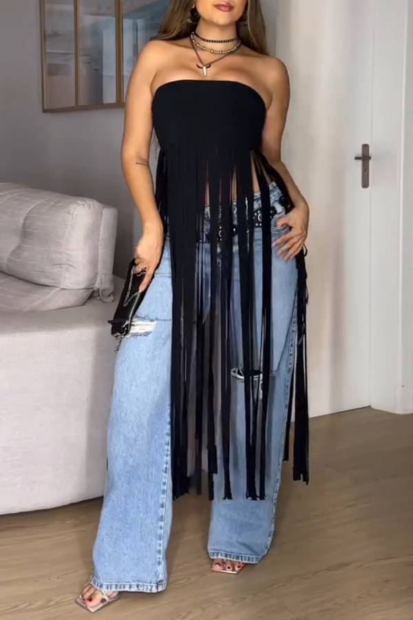 Strapless Long Fringe Tube Top