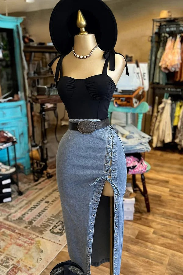 Vintage Washed Tie Up Slit Denim Midi Skirt