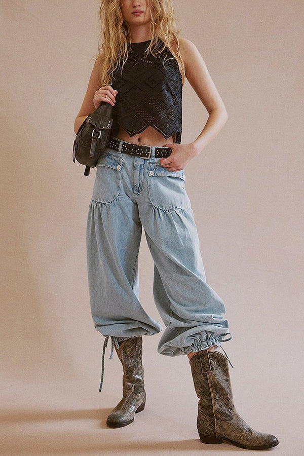 We The Free Denim Mid Rise Pocket Knotted Ankle Hem Lotus Balloon Jeans