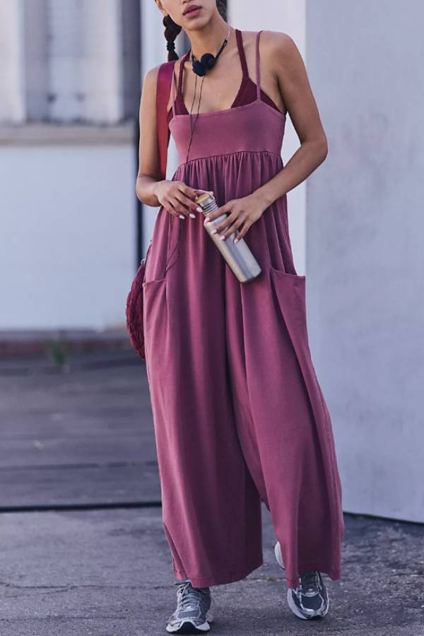 Washed Knit Spaghetti Strap Jumpsuit Square Neck Gathered Pocket Wide Leg Casual Romper