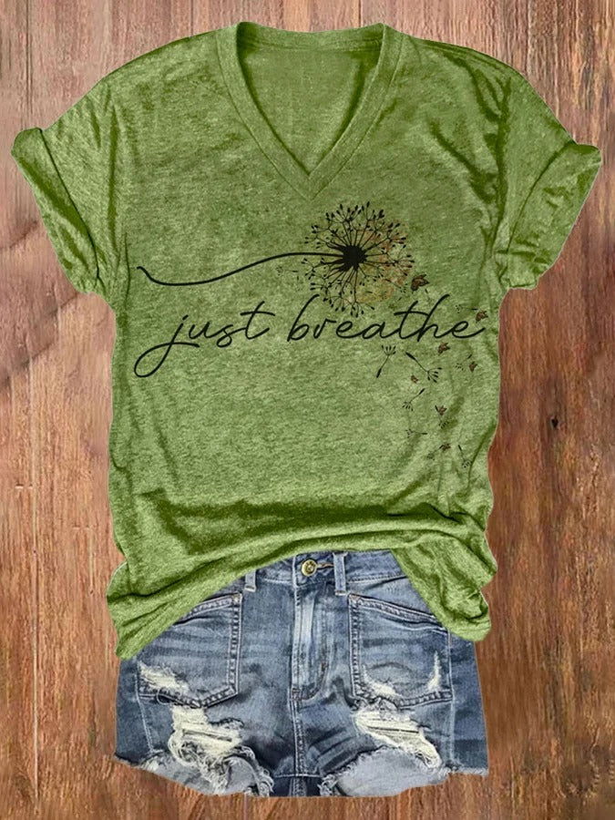 Women's Just Breathe Mental Health Printed V-Neck Short Sleeve T-Shirt