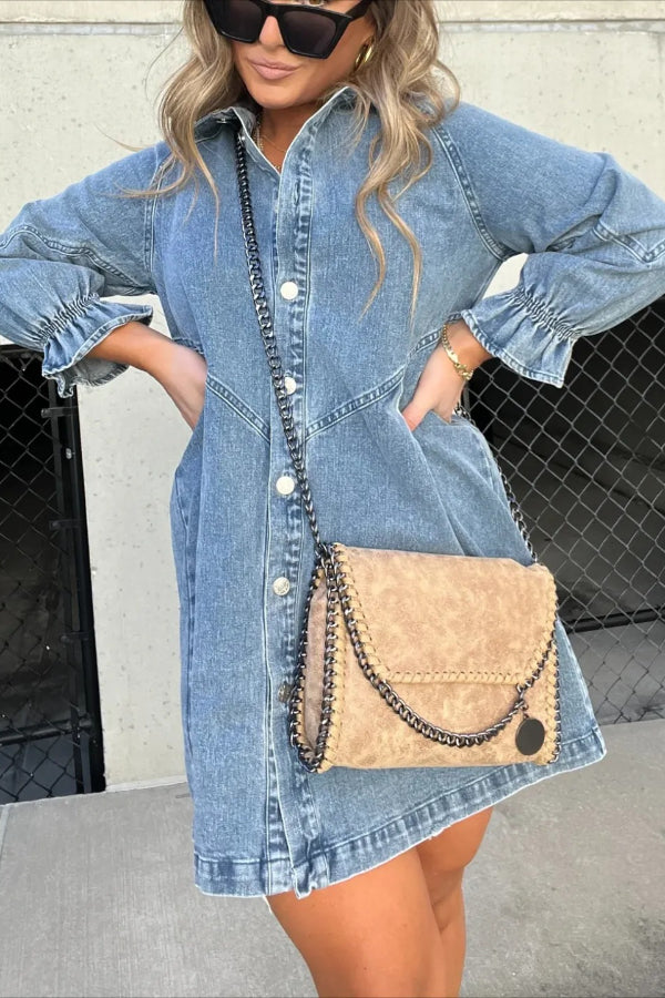 New Washed Denim Puff Sleeve Dress