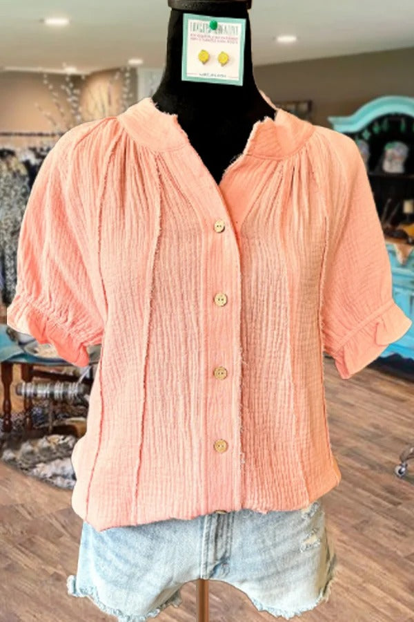 Solid Ruffle Sleeve Button Down Cauze Top