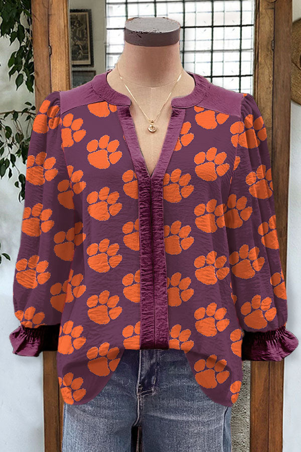 Clemson Tiger Print Contrast Panel V-neck Top