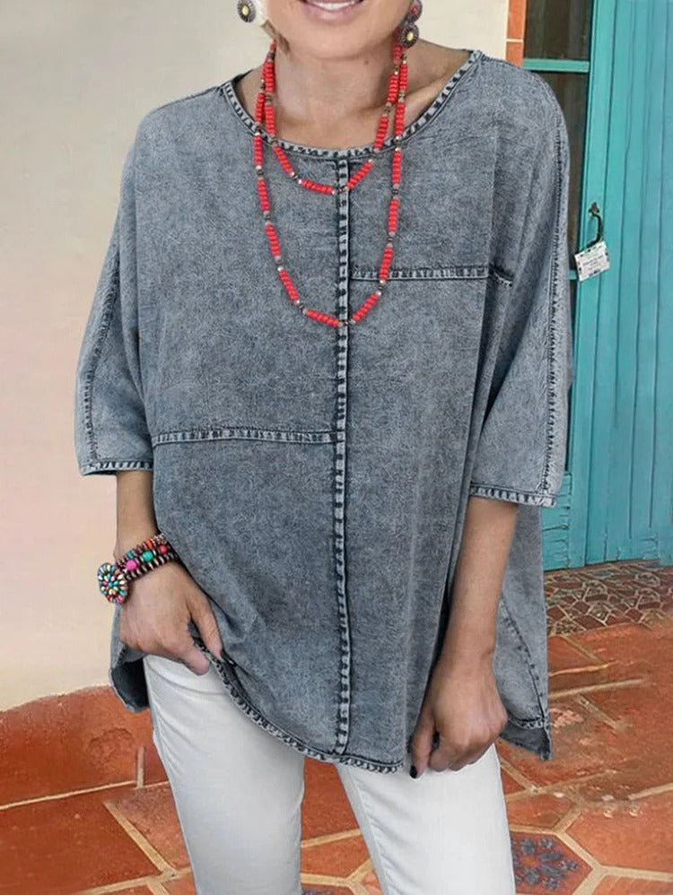 Casual Plain Half Sleeve Spliced Denim Loose Shirt