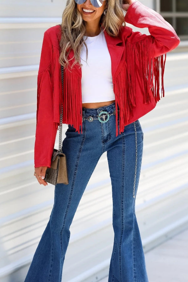 Western Style Red Fringe Cropped Jacket