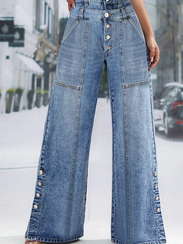 UR Daily Spliced Button Denim Straight Wide Leg Jeans