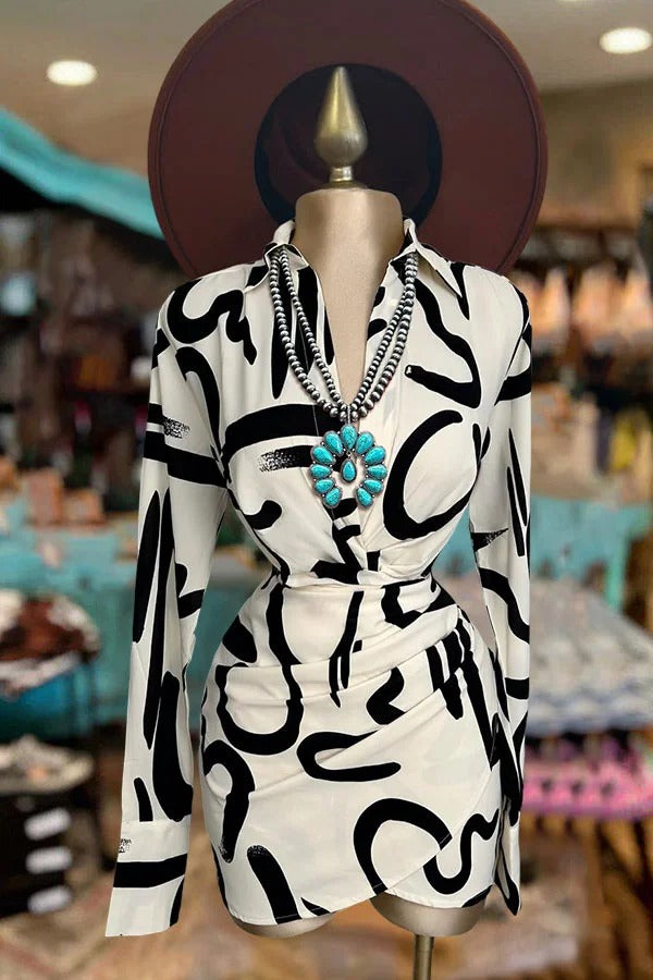 Pretty Printed Shirt Collar Dress