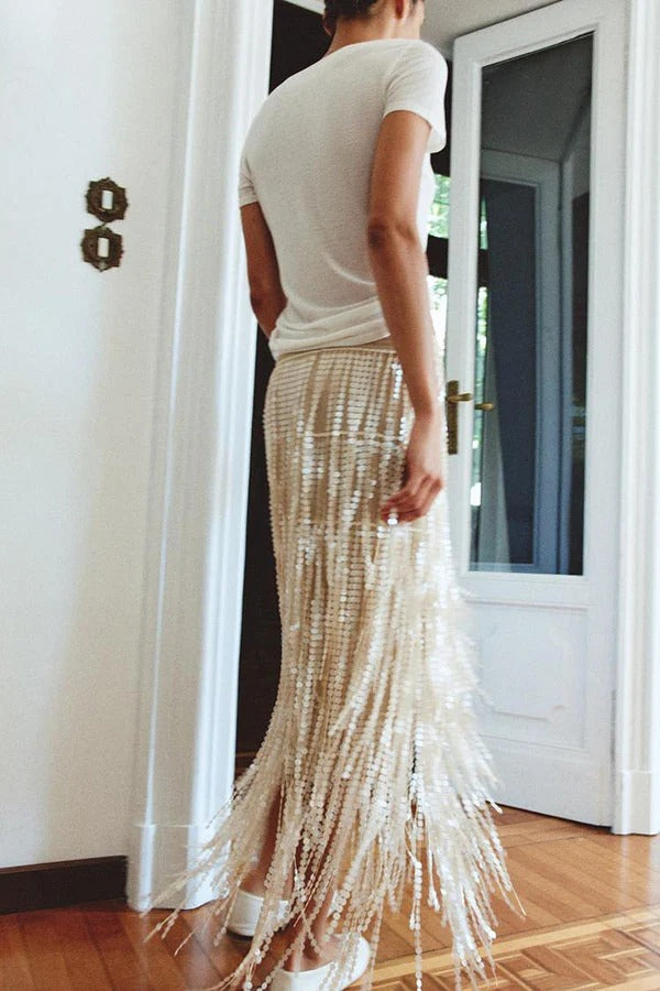 Champagne Party Layered Sequined Tassels Mid Rise Elastic Waist Midi Skirt
