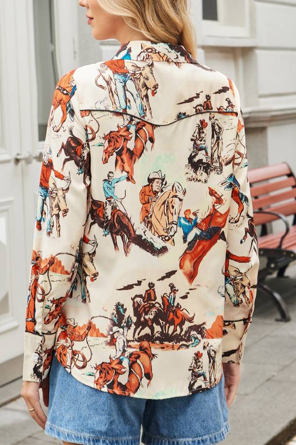 Western Cowboy Print Long Sleeve Collared Shirt