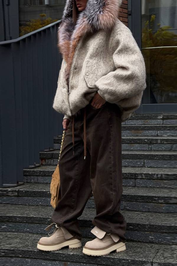 Short Hooded Wool Blend Coat With Large Fur Collar