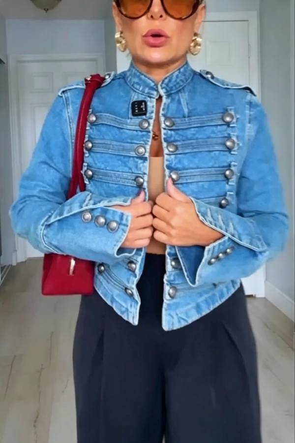 Napoleon Style Denim Stand Collar Brochure Silver Button Long Sleeve Jacket