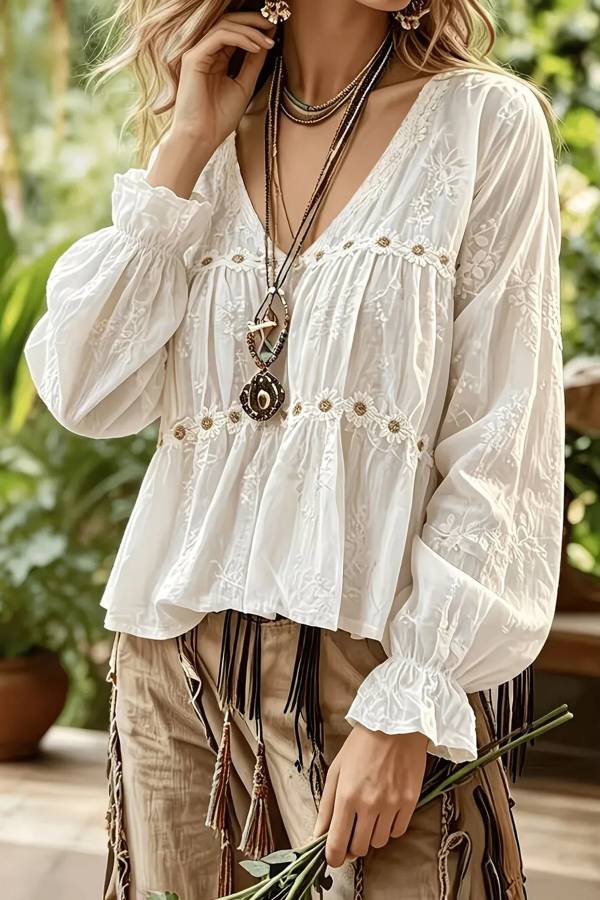Floral V-Neck Flounce Sleeve Peplum Blouse